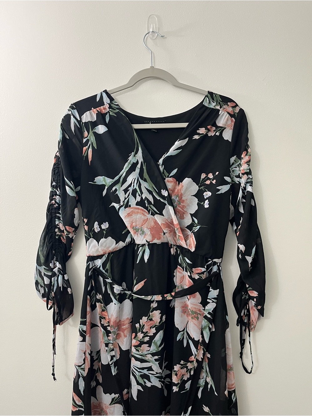 Black Floral Wrap Midi Dress with Pink Blossoms
